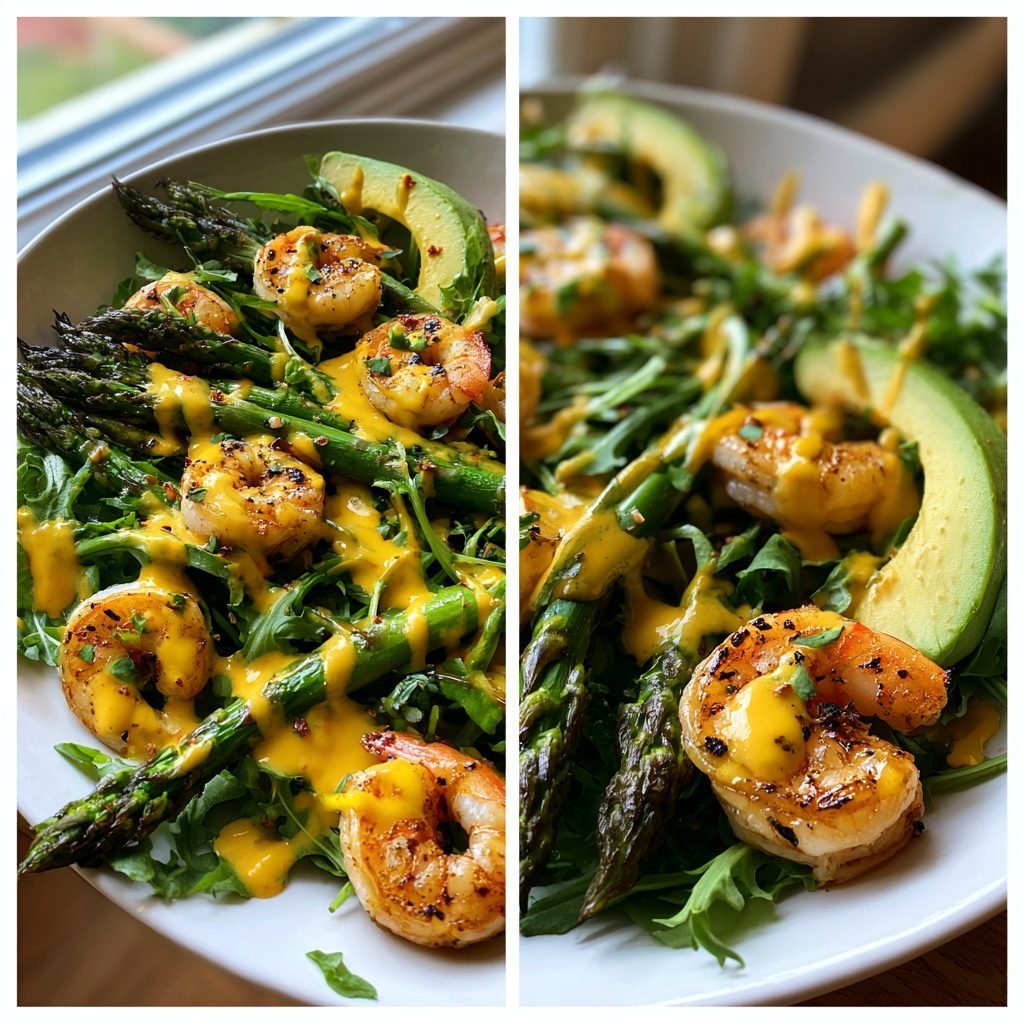 Gegrillter Spargelsalat mit Garnelen, Avocado und Orangen-Vinaigrette