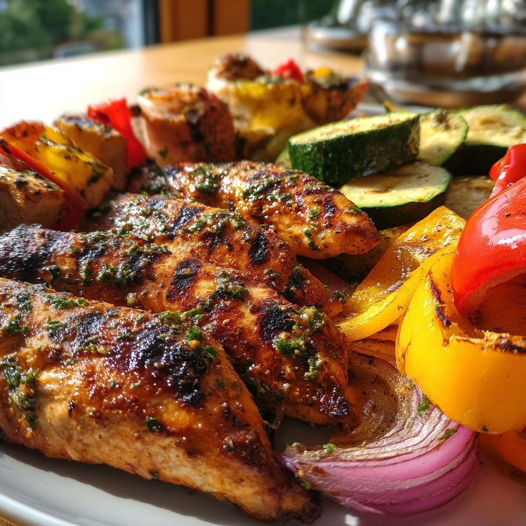 Gegrilltes Hähnchenbrustfilet mit Zitronen-Kräuter-Marinade und Grillgemüse