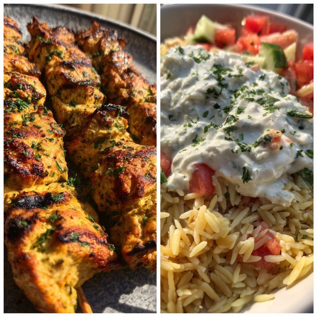 Griechischer Hähnchen-Souvlaki mit Tzatziki und Orzo-Salat
