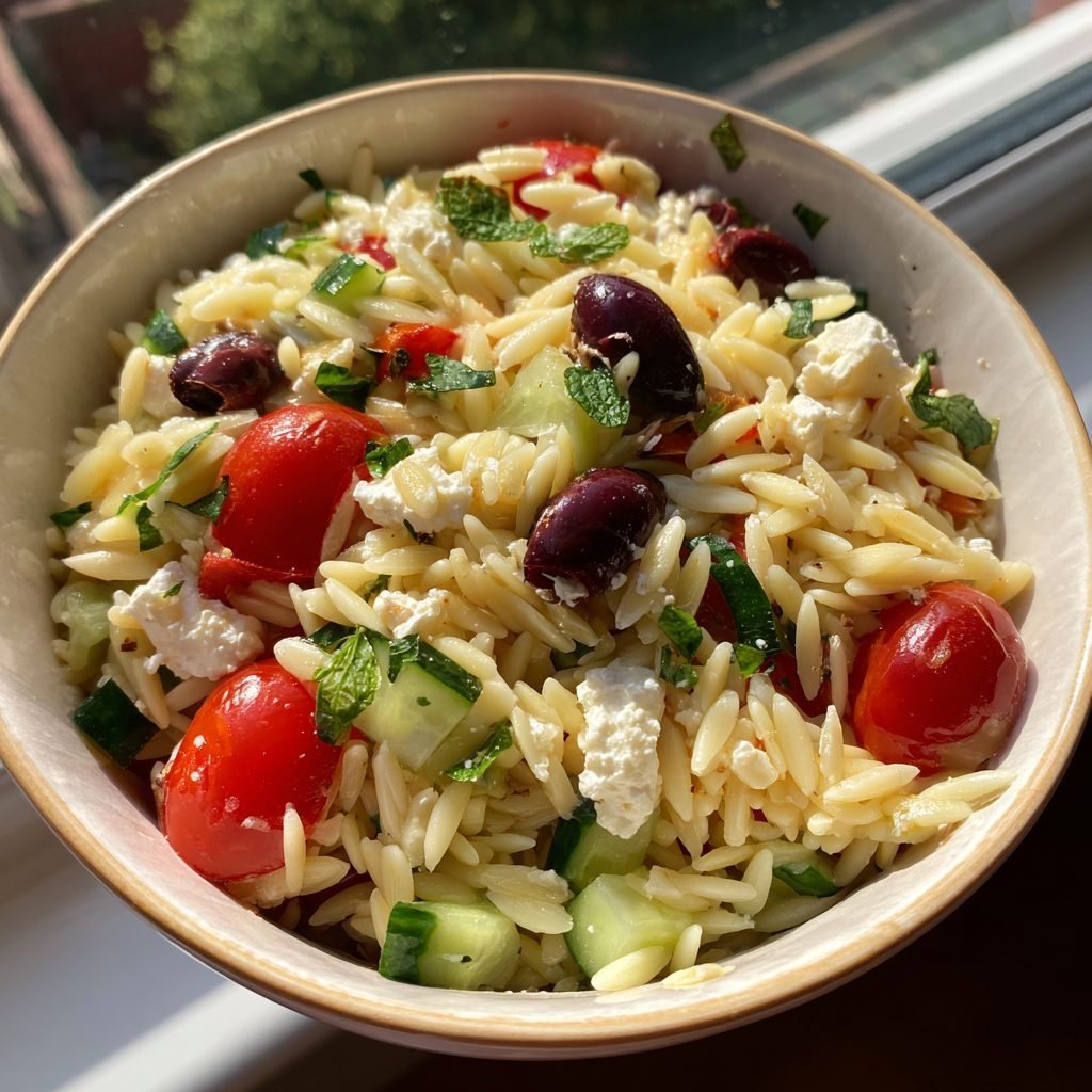 Griechischer Orzo-Nudelsalat mit Oliven, Feta und Gurke