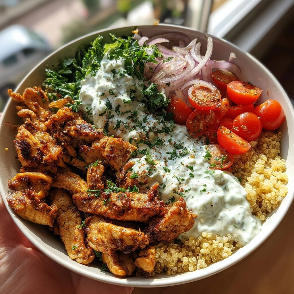 Hähnchen-Gyros-Bowl mit Tzatziki und Quinoa