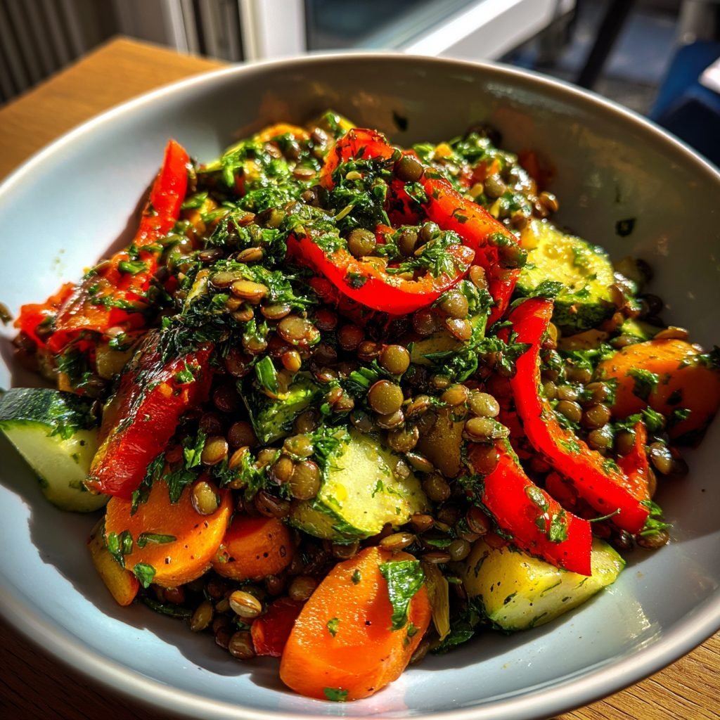 Herzhafter Linsen-Salat mit geröstetem Gemüse
