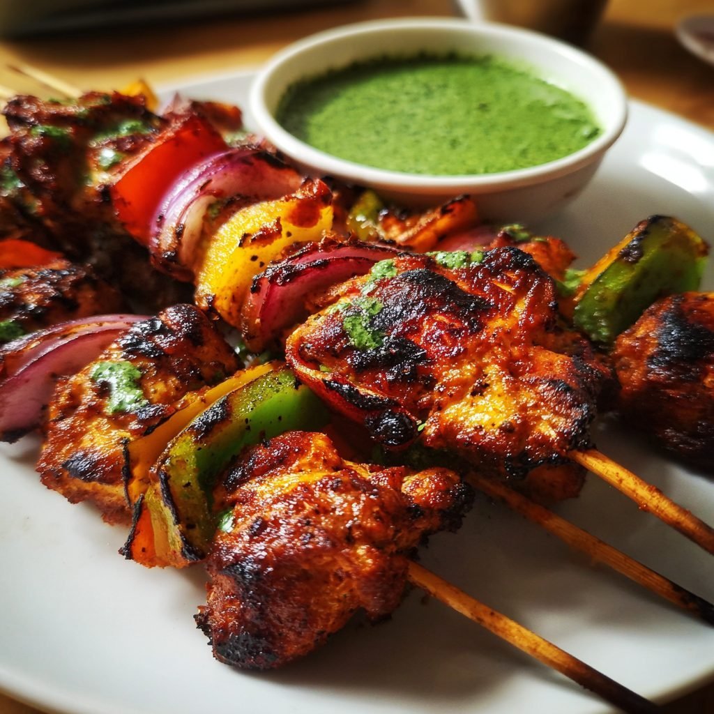 Indische Hähnchen Tikka Spieße mit Minz-Koriander-Chutney