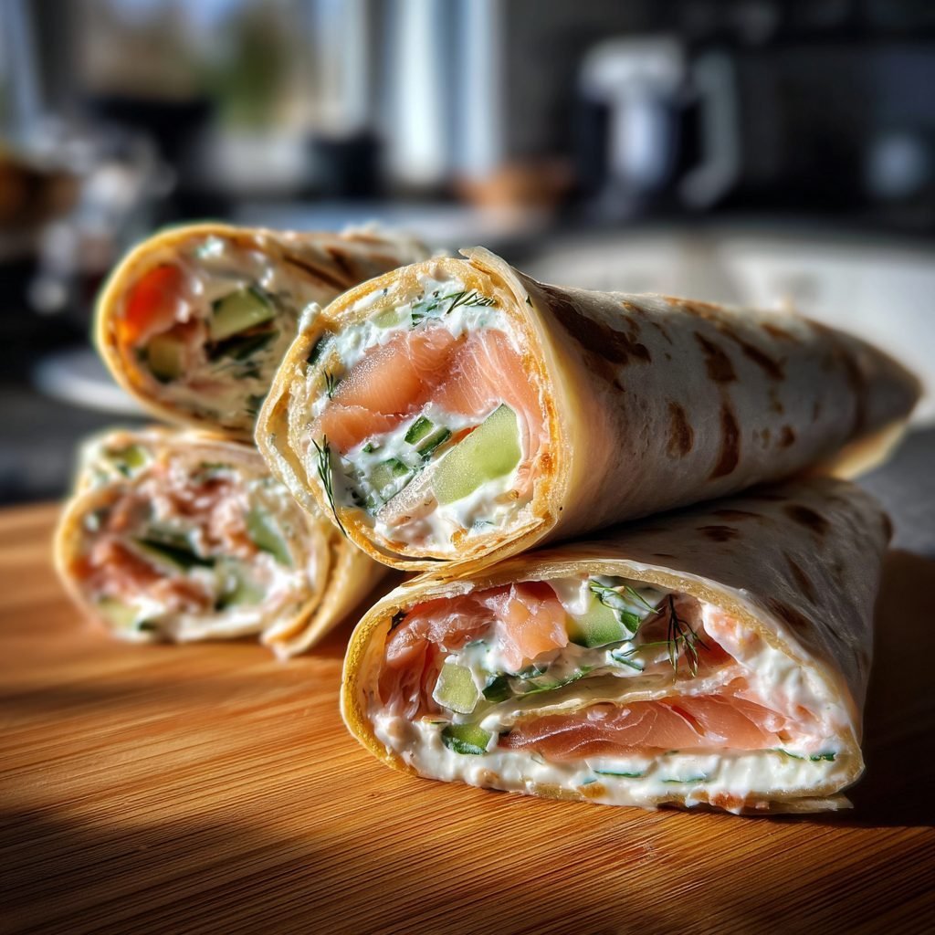 Lachs-Frischkäse-Wraps mit Dill und Gurke