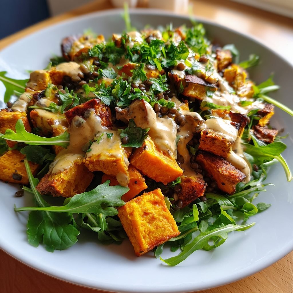 Linsen-Süßkartoffel-Salat mit Tahini-Dressing