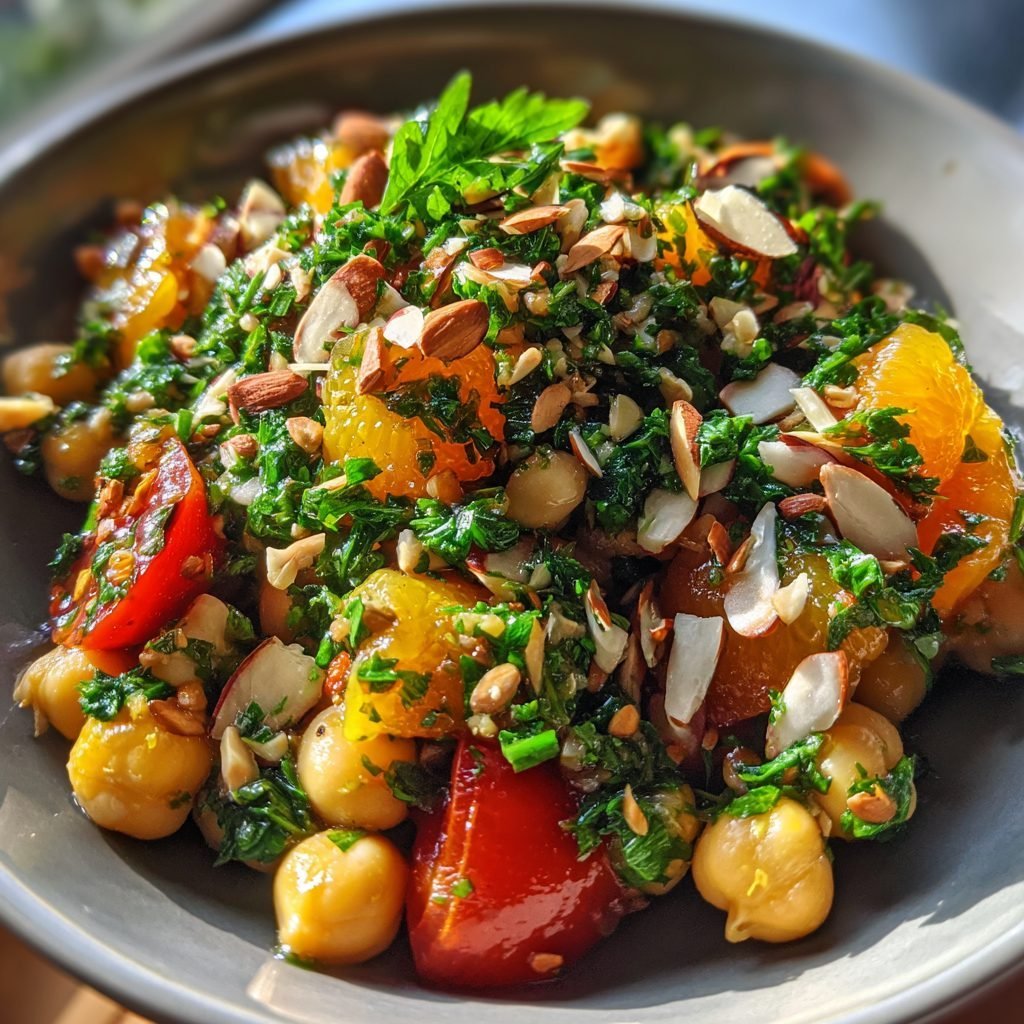 Mediterraner Kichererbsen-Salat mit gerösteten Mandeln und getrockneten Aprikosen