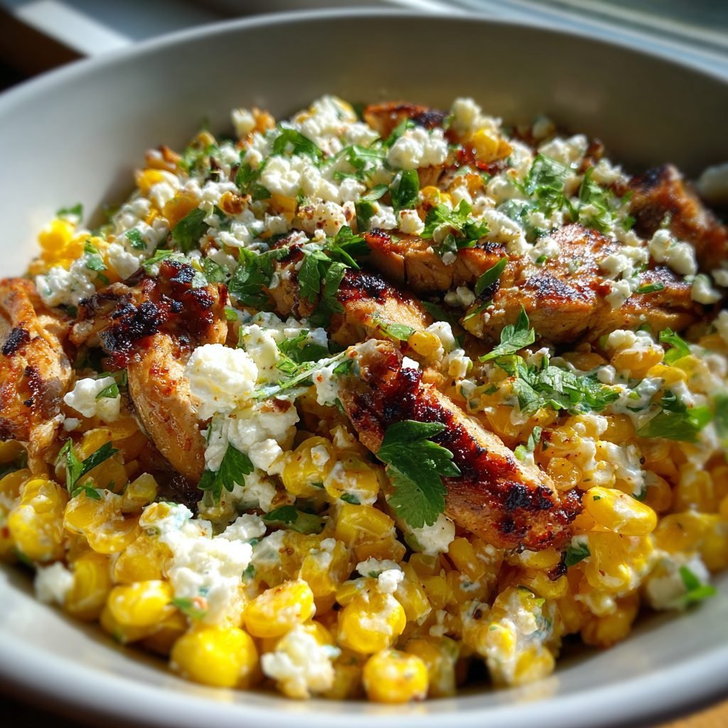 Mexikanischer Maissalat (Esquites) mit gegrilltem Hähnchen