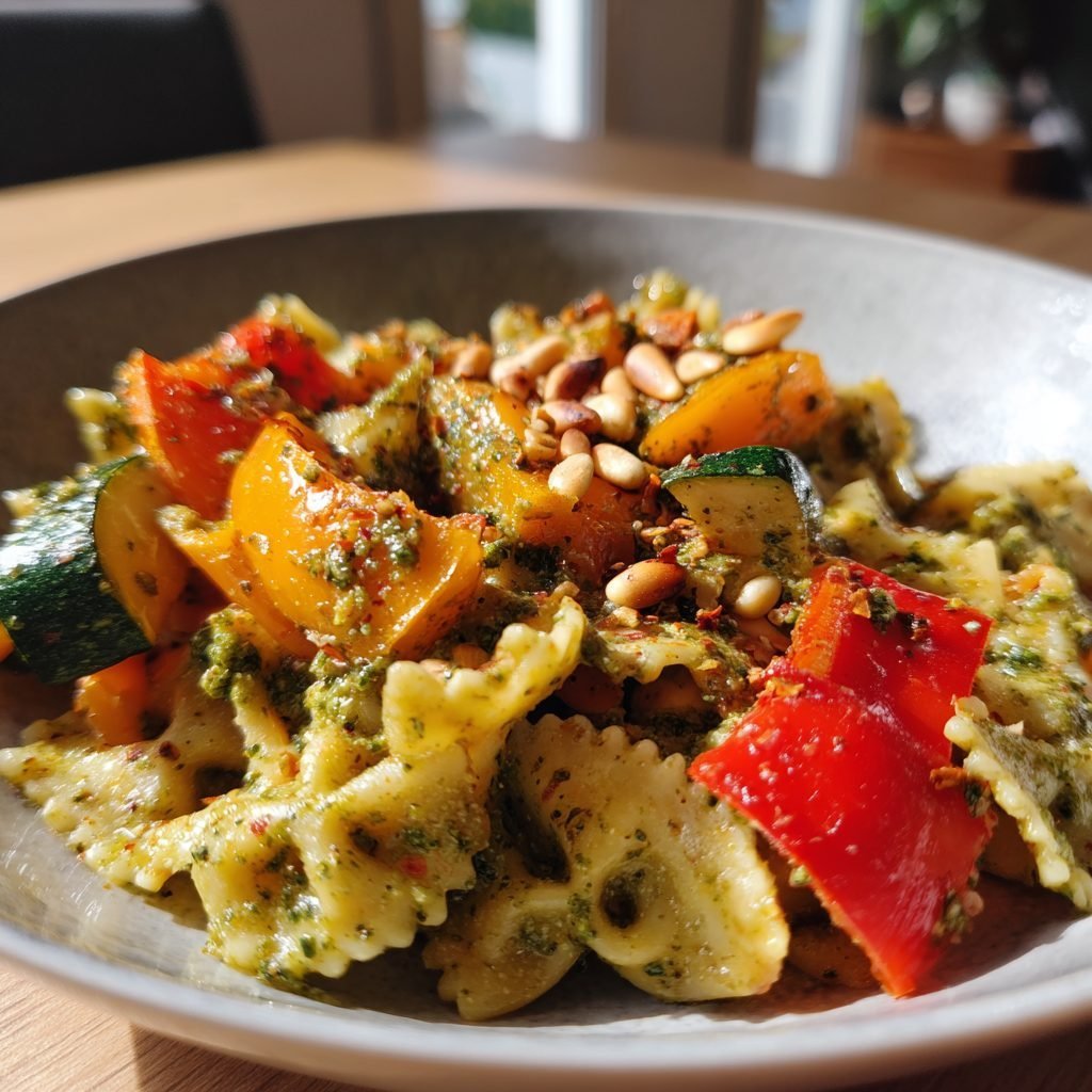 Pestosalat mit geröstetem Gemüse und Pinienkernen