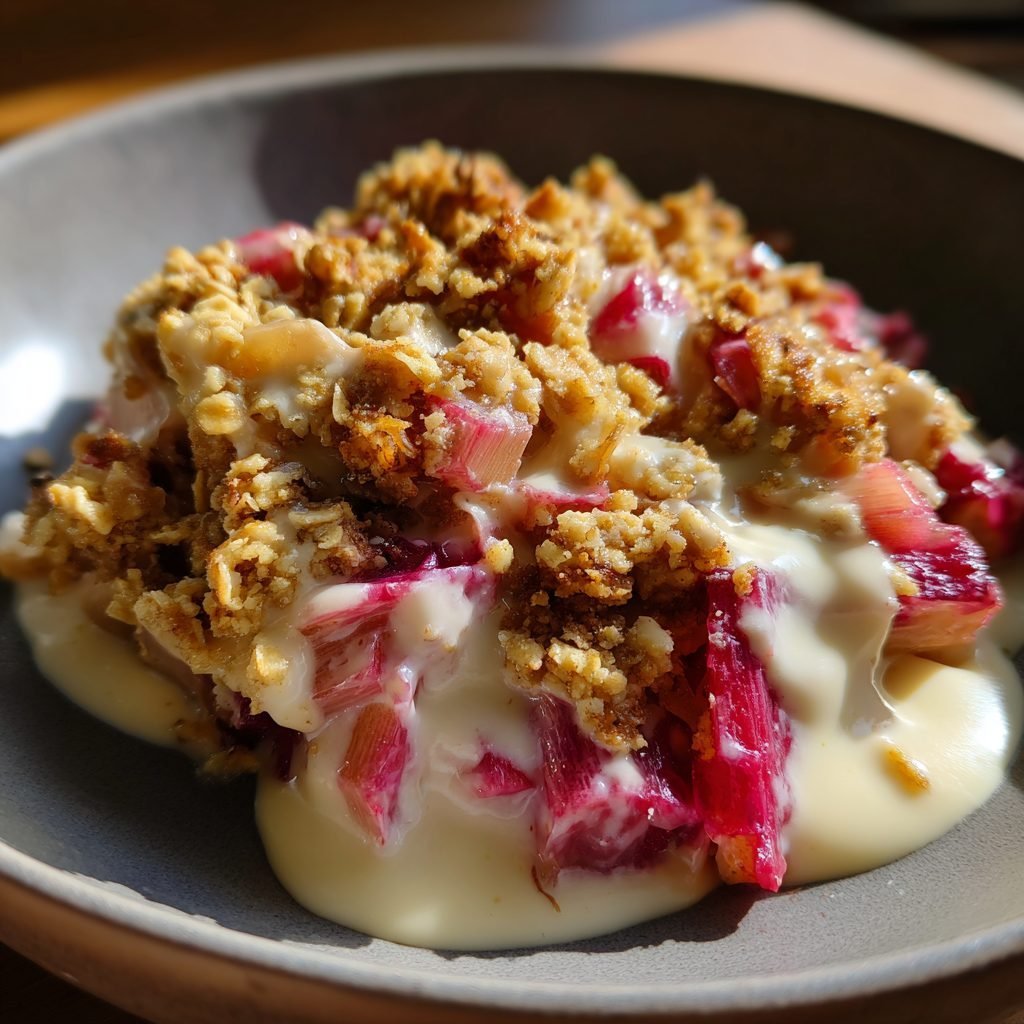 Rhabarber Crumble mit veganer Vanillesauce