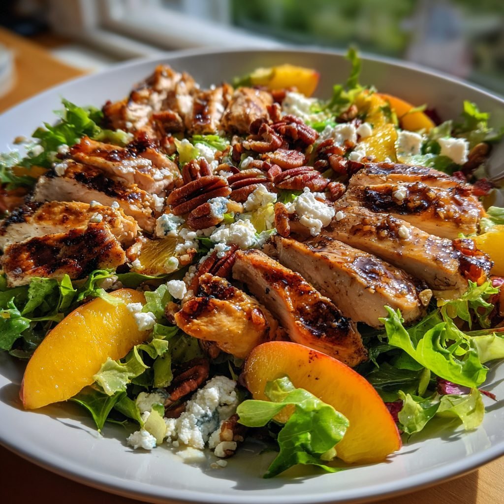 Sommerlicher Hähnchensalat mit Pfirsichen und Pekannüssen