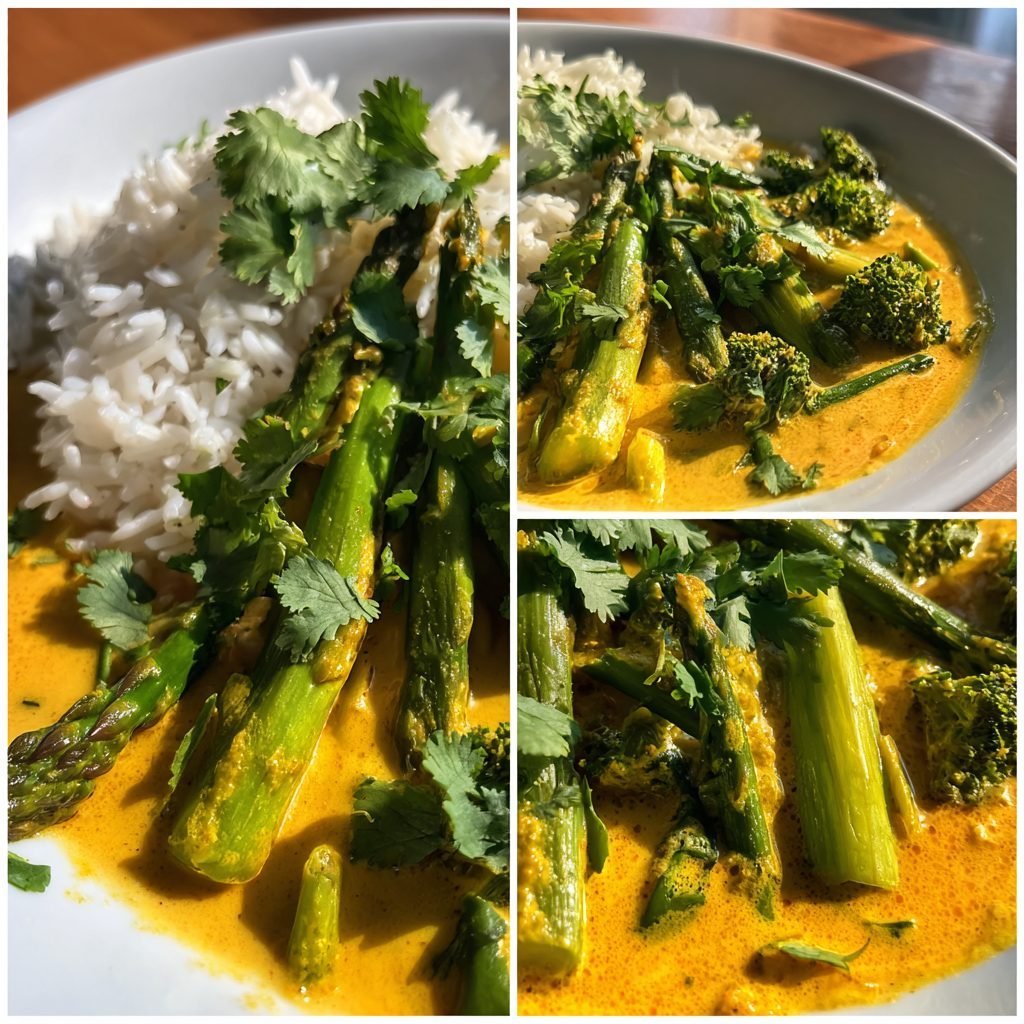 Spargel-Curry mit Kokosmilch, Brokkoli und Basmatireis