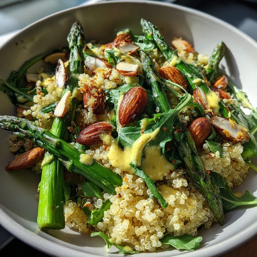Spargel-Quinoa-Bowl mit gerösteten Mandeln und Zitronen-Dressing