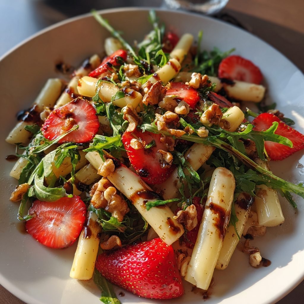 Spargelsalat mit Erdbeeren, Rucola und Balsamico-Dressing