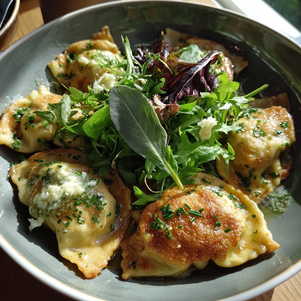 Vegetarische Maultaschen mit Salbeibutter und Blattsalat