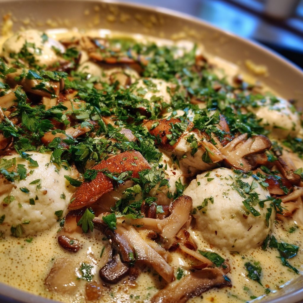 Vegetarische Pilzpfanne mit frischen Kräutern und Semmelknödeln