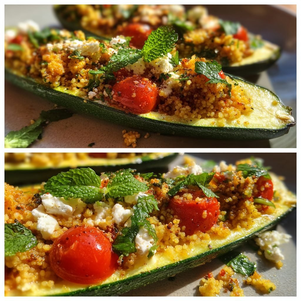 Vegetarische Zucchini-Bootchen gefüllt mit Couscous und Kräutern