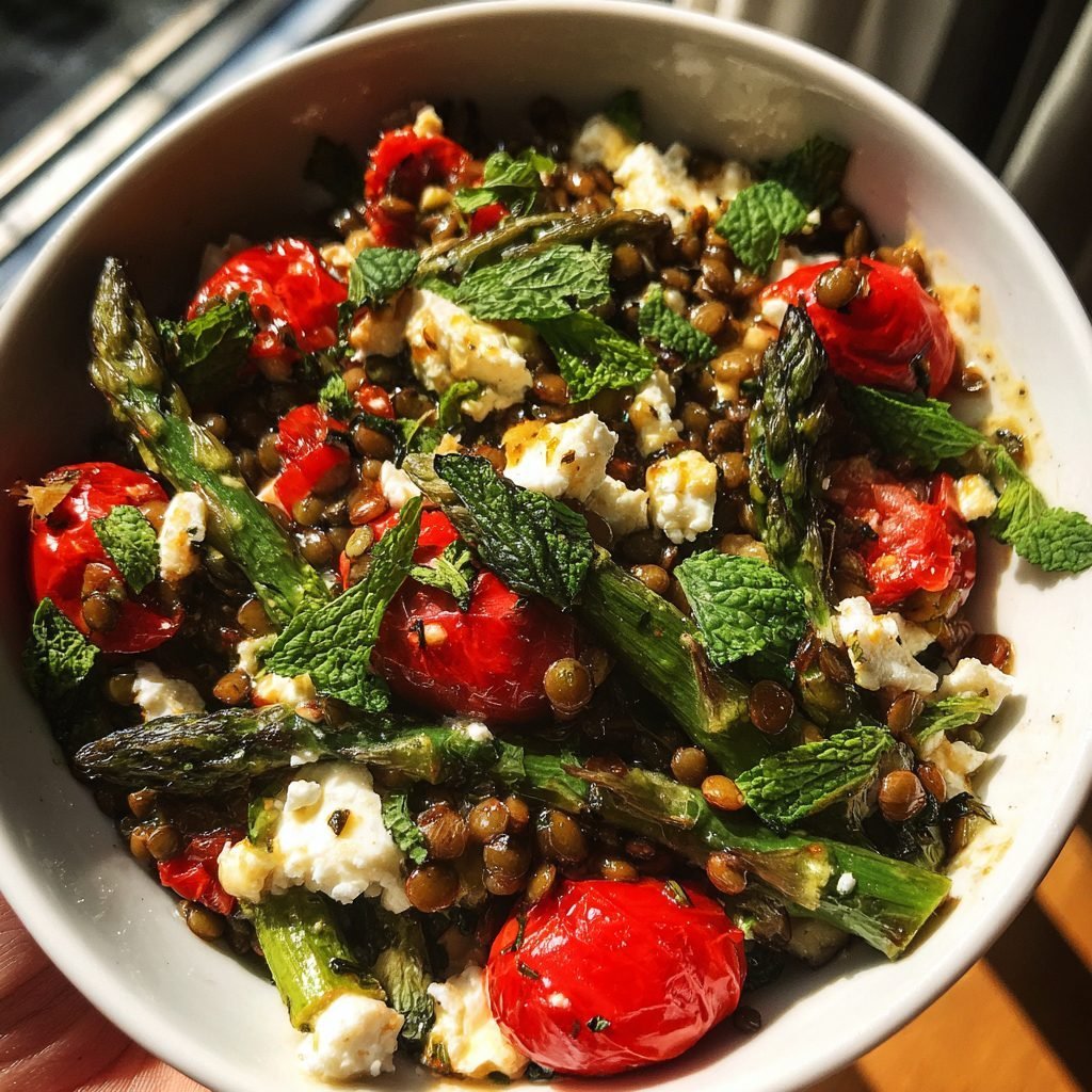 Warmer Spargel-Linsen-Salat mit Minze und Feta