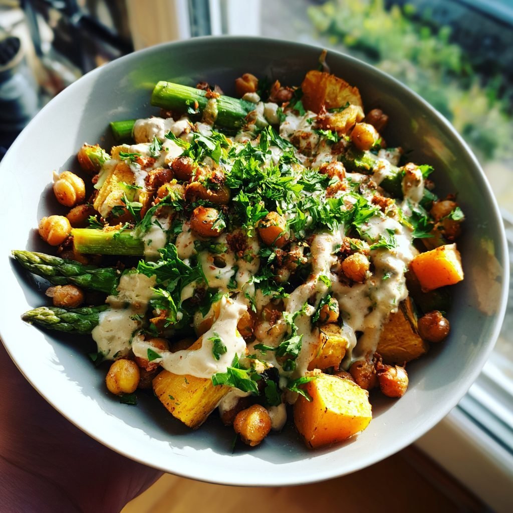 Warmer Spargelsalat mit Süßkartoffeln, Kichererbsen und Tahini-Dressing