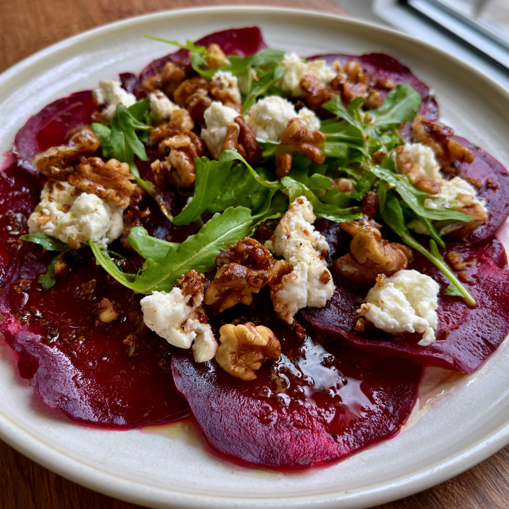 Sommerliches Rote Bete Carpaccio mit Ziegenfrischkäse und Walnüssen