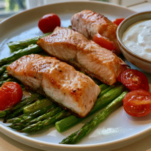 Lachsfilet auf Spargel-Kirschtomaten-Bett mit Zitronen-Dill-Soße