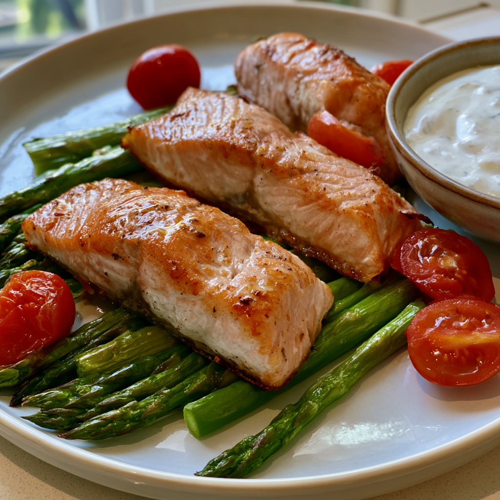 Lachsfilet auf Spargel-Kirschtomaten-Bett mit Zitronen-Dill-Soße