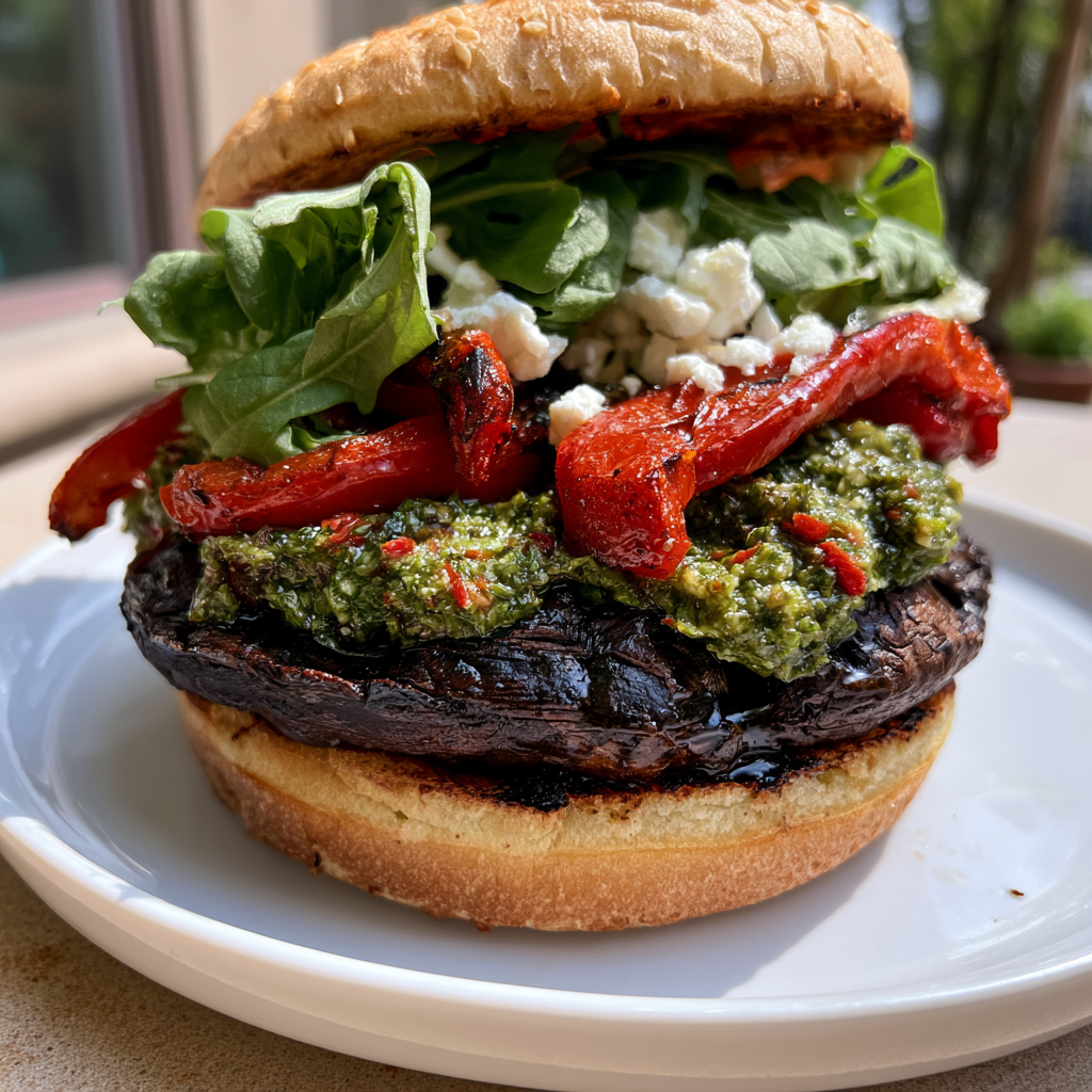 Gegrillte Portobello-Burger mit Pesto und gerösteten Paprika