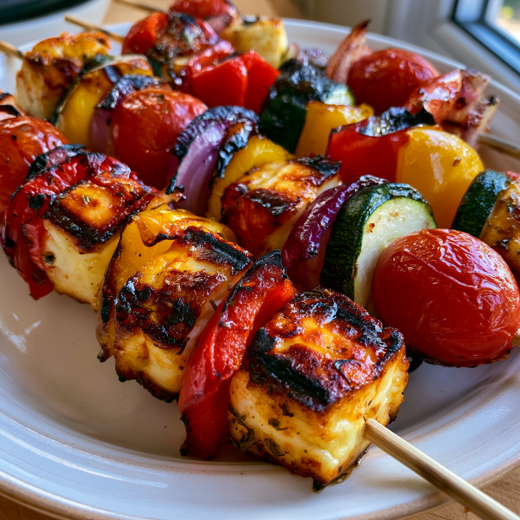 Halloumi-Gemüse-Spieße mit Kräuteröl