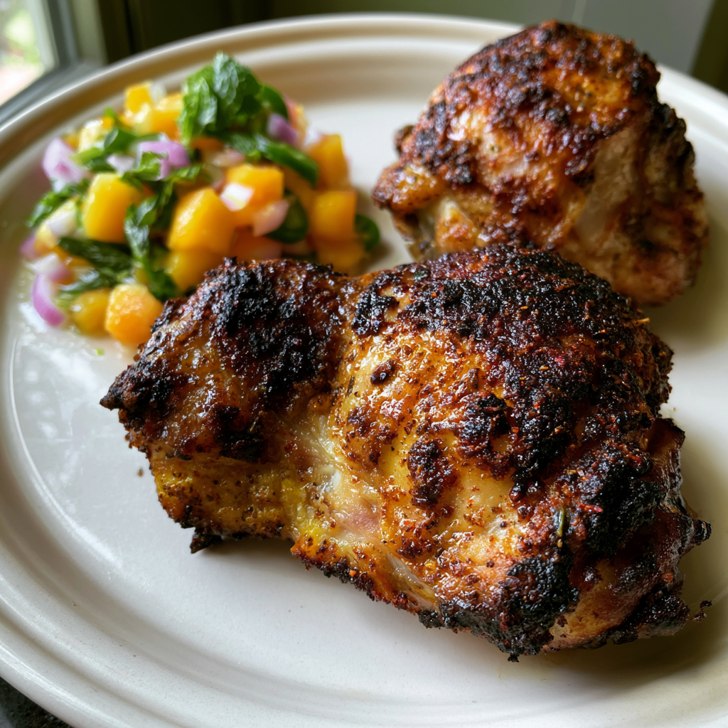 Gegrillte Hähnchenschenkel mit rauchigem Paprika-Rub und Pfirsichsalsa