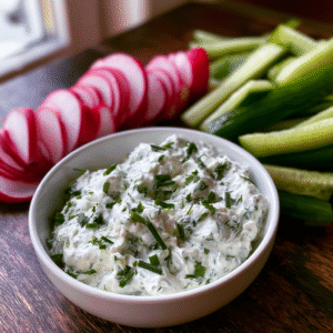 Erfrischender Kräuter-Quark-Dip mit Radieschen und Gurkensticks