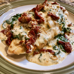 Cremiges Hähnchen mit Spinat und getrockneten Tomaten