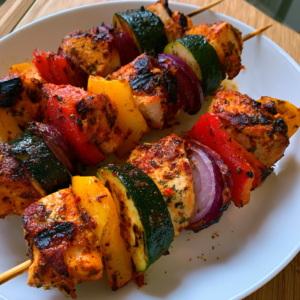 Gegrillte Hähnchenspieße mit buntem Gemüse