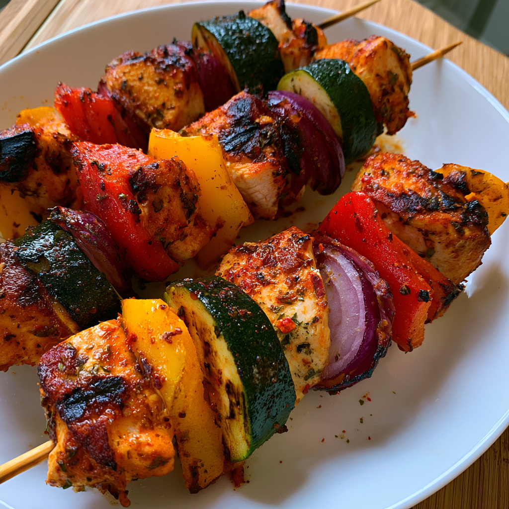 Gegrillte Hähnchenspieße mit buntem Gemüse
