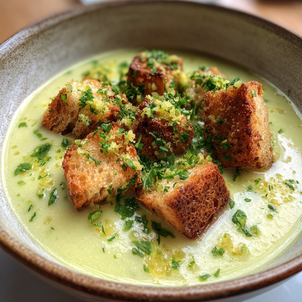 Feine Spargelcremesuppe mit Croûtons und Kerbel