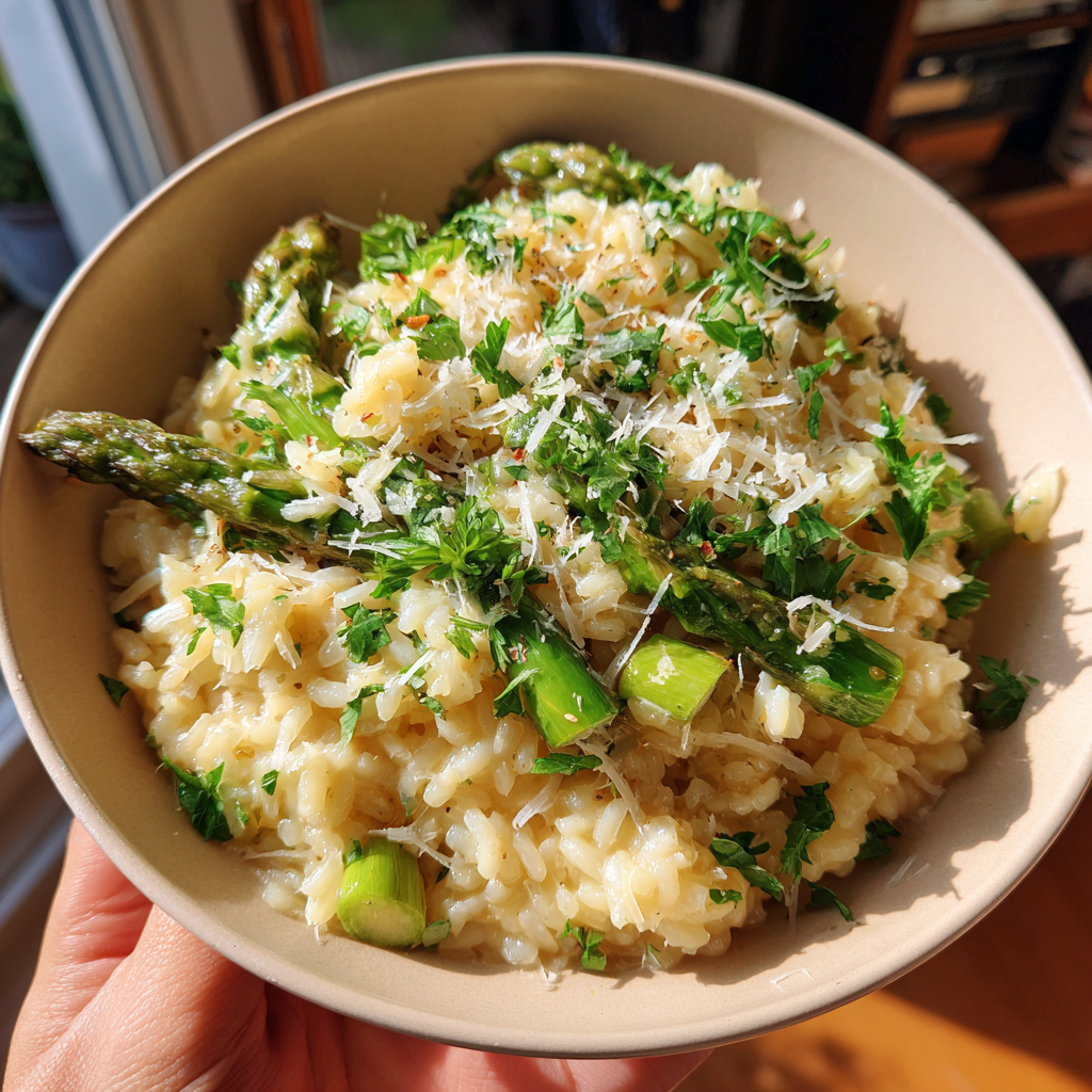 Cremiges Spargelrisotto mit Parmesan und frischer Petersilie