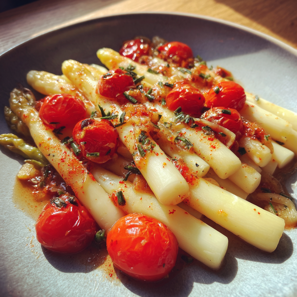 Gegrillter Weißer Spargel mit Rauchpaprika-Butter und Kirschtomaten
