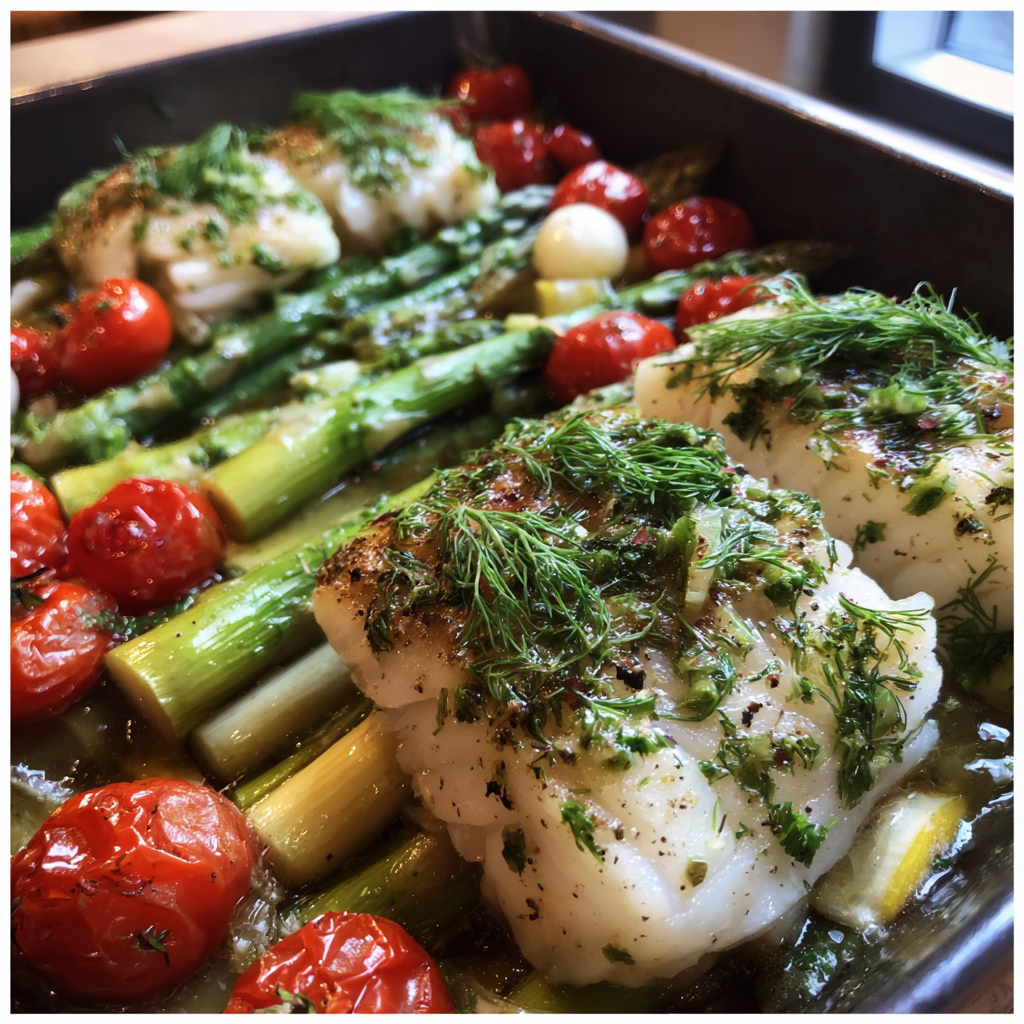 Leichtes Zitronen-Dill-Fischpaket aus dem Ofen mit Spargel und Kirschtomaten