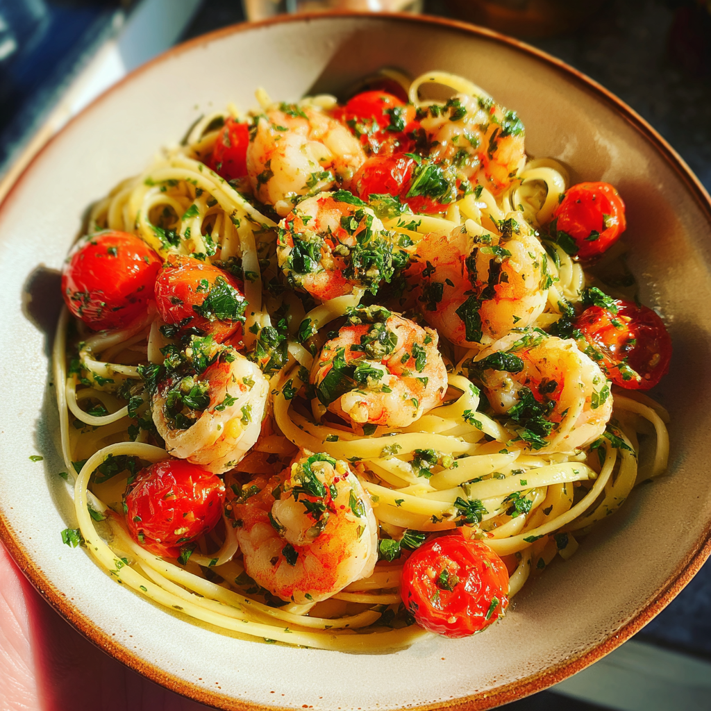 Garnelen Scampi mit Kirschtomaten und Linguine