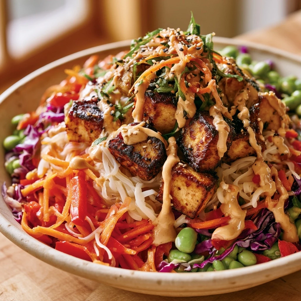 Asiatische Tofu-Reisnudel Bowl mit Erdnuss-Dressing