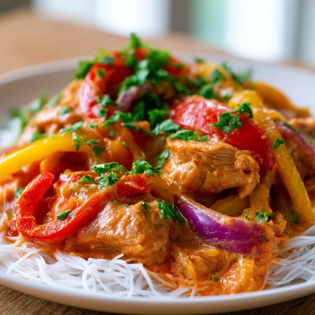 Cremige Paprika-Hähnchen-Pfanne mit Reisnudeln