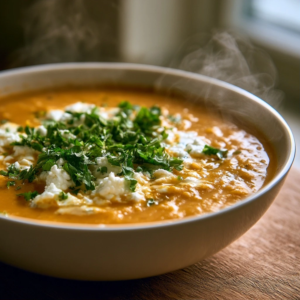 Cremige Rote Linsen-Suppe mit Hüttenkäse