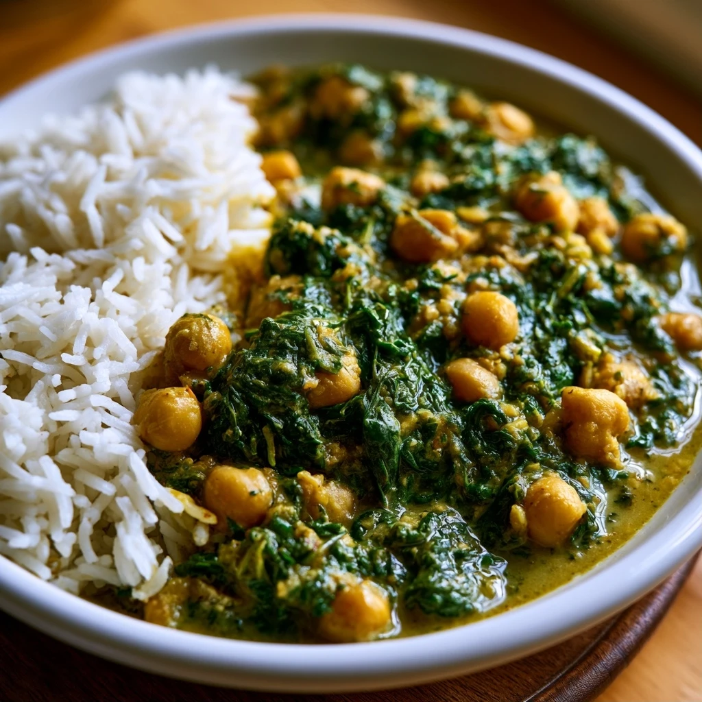 Cremiges Kichererbsen-Spinat-Curry mit Reis