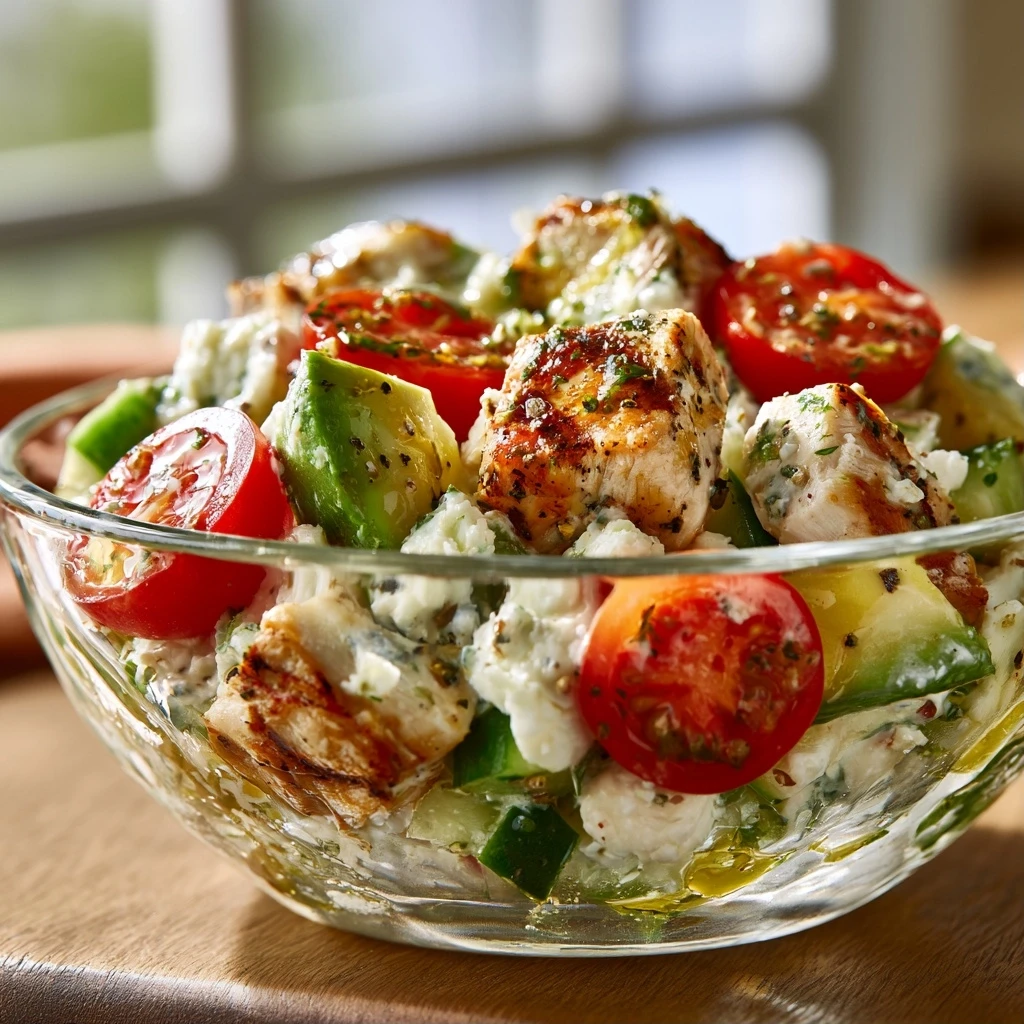 Frischer Cottage Cheese Salat mit Hähnchen und Avocado