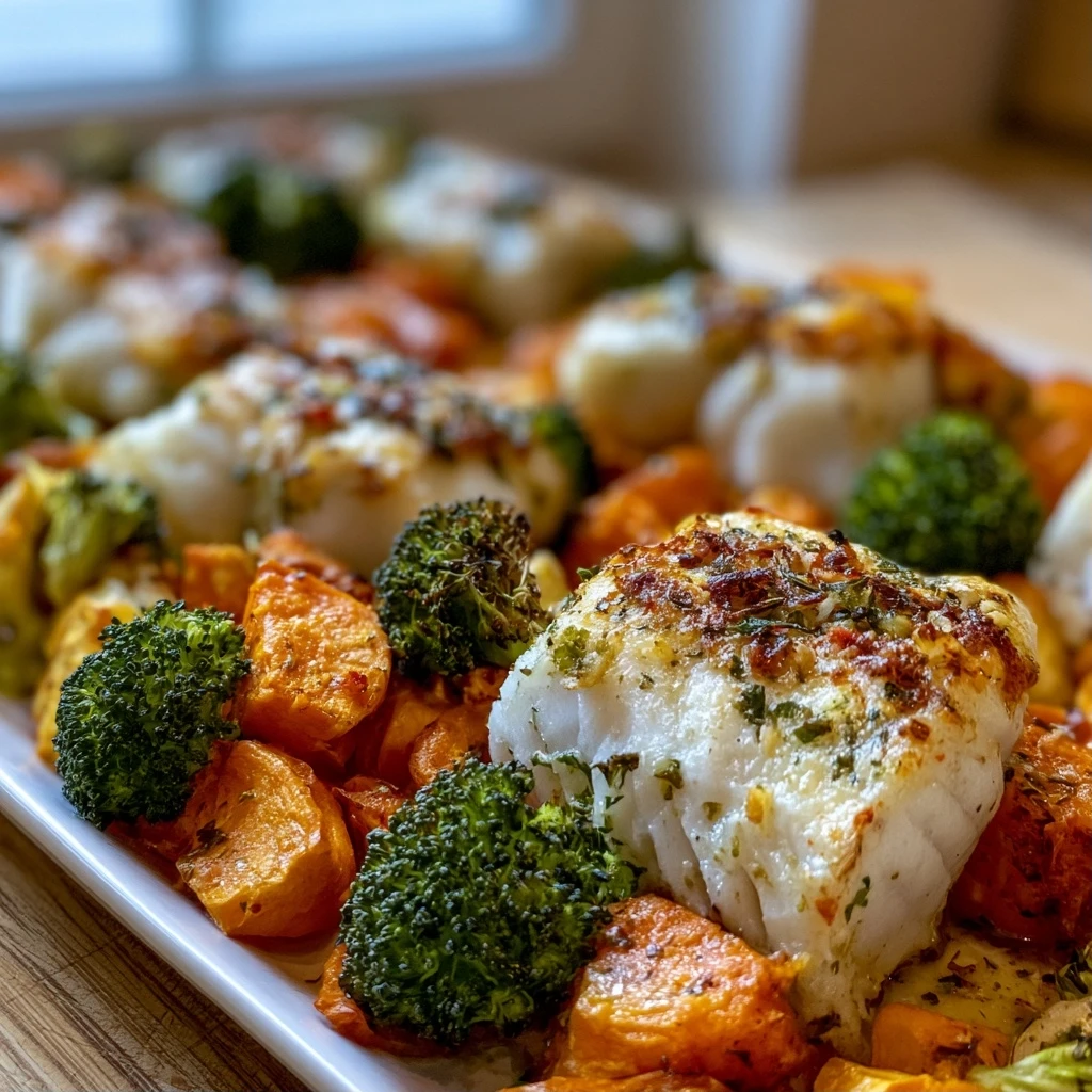 Gebackener Kabeljau mit mediterranen Kräutern und Ofengemüse