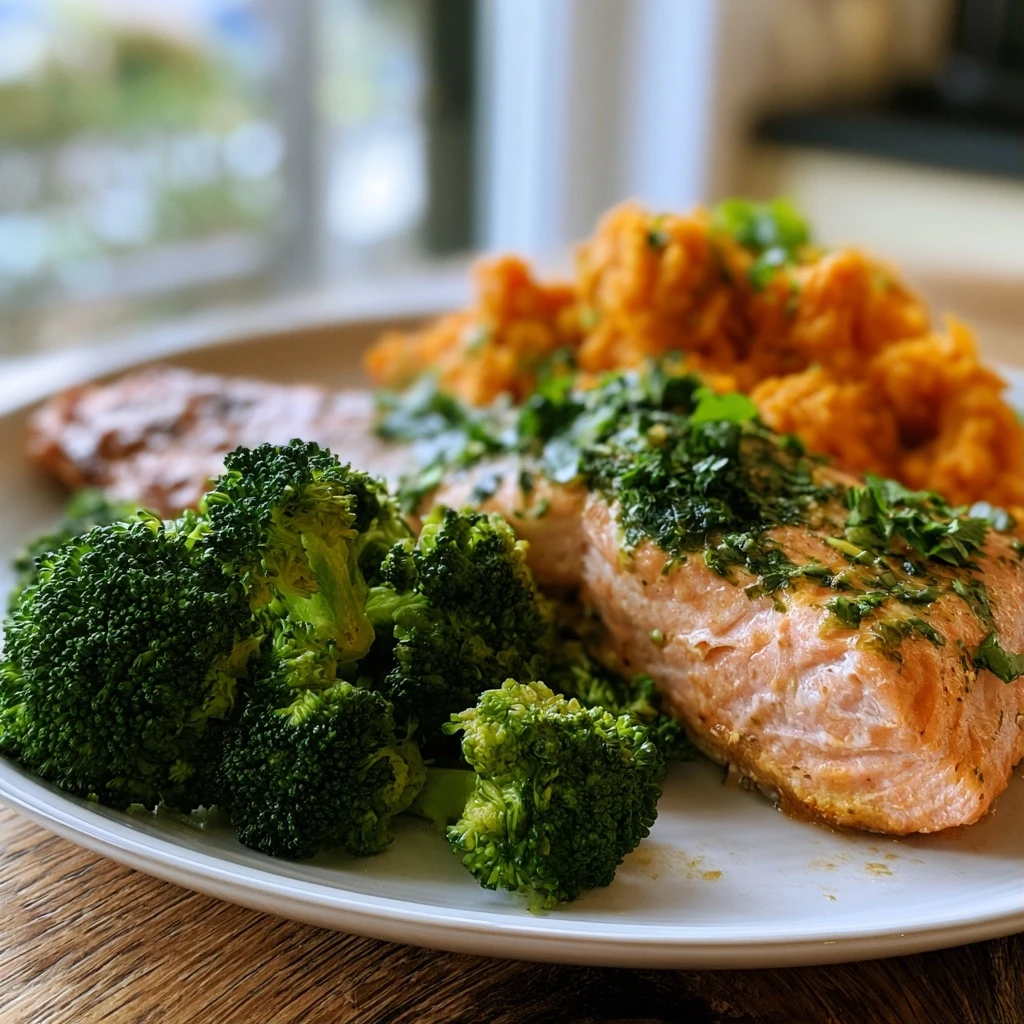 Gedämpfter Lachs mit Brokkoli und Süßkartoffelpüree