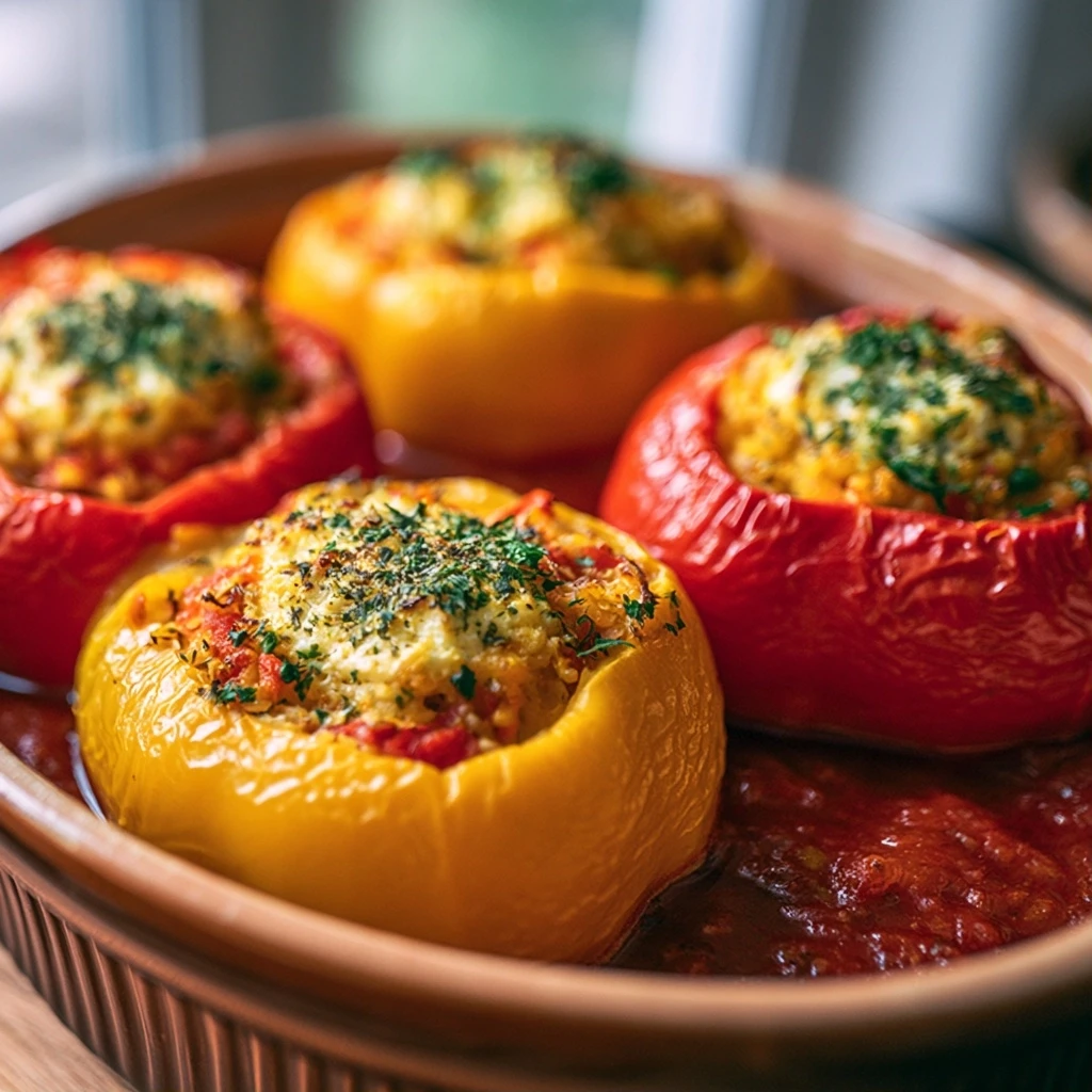 Gefüllte Paprika mit Cottage Cheese, Reis und Gemüse