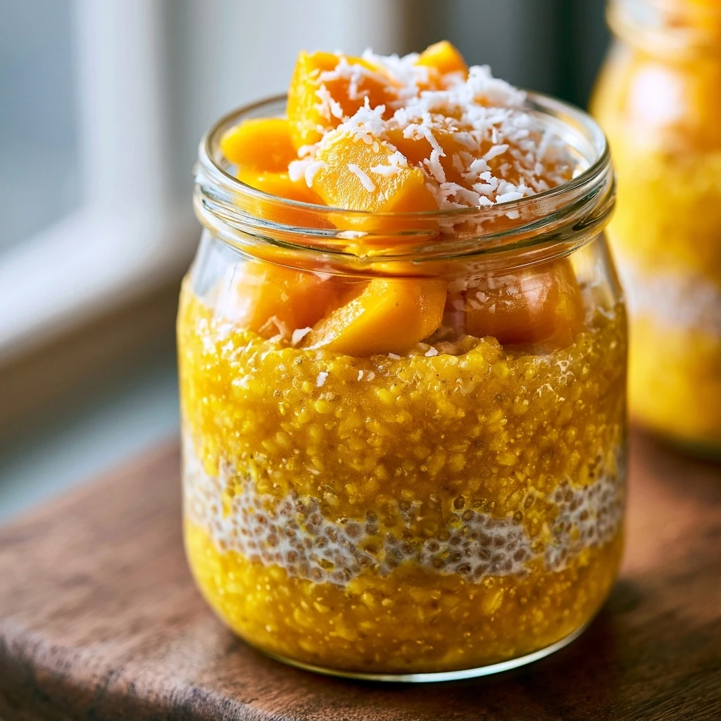 Goldener Chia-Pudding mit Mango und Kokosraspeln