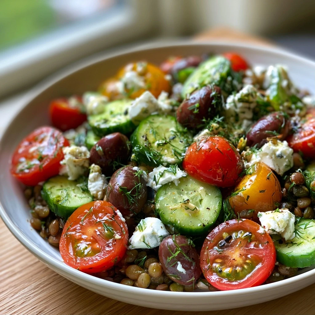 Griechische Linsen-Feta Bowl mit Dill-Zitronen-Dressing