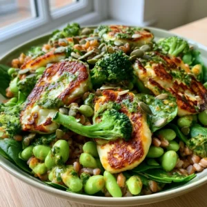 Grüne Power Bowl mit Halloumi und Grünkern