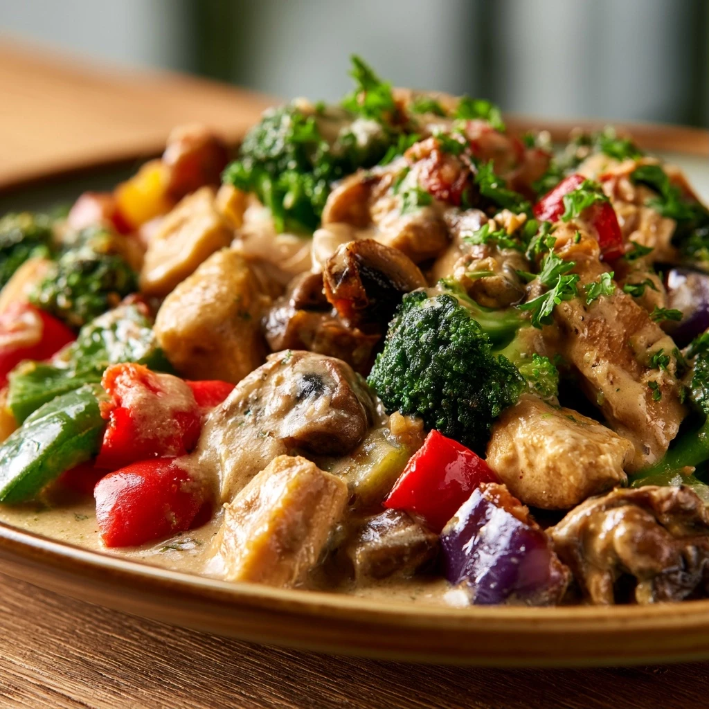 Hähnchen-Gemüse-Pfanne mit cremiger Erdnusssauce