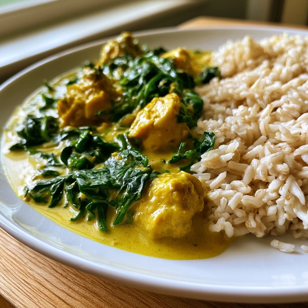 Hähnchen-Kokos-Curry mit braunem Reis und Spinat